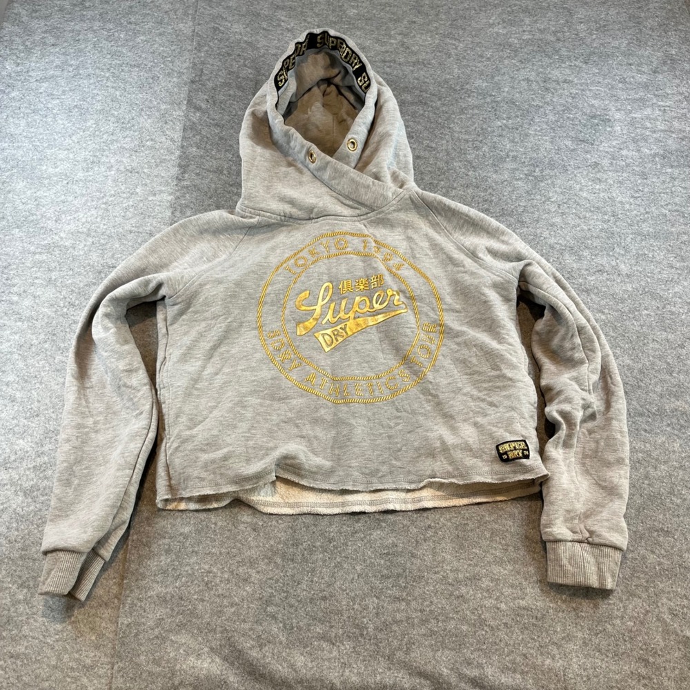 Superdry Womens Cropped Hoodie Gray Gold Tokyo Athletics US 10 Pullover Y2K Gorp
